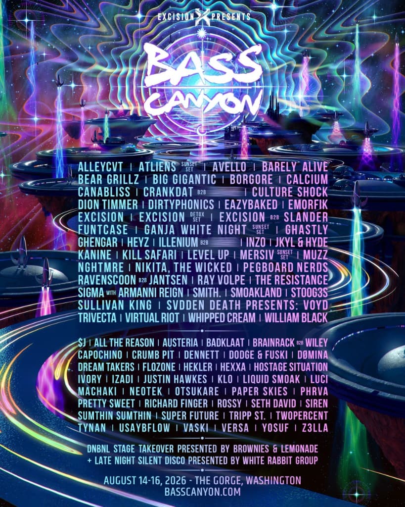 Bass Canyon — August 14–16, 2026 — The Gorge Amphitheatre at George, WA