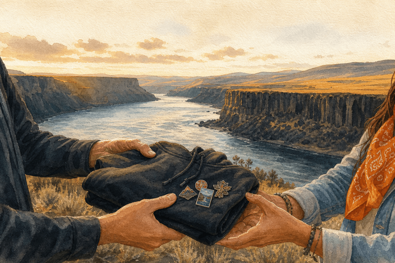 Watercolor illustration of festival merch trade with Columbia River Gorge basalt cliffs in Washington