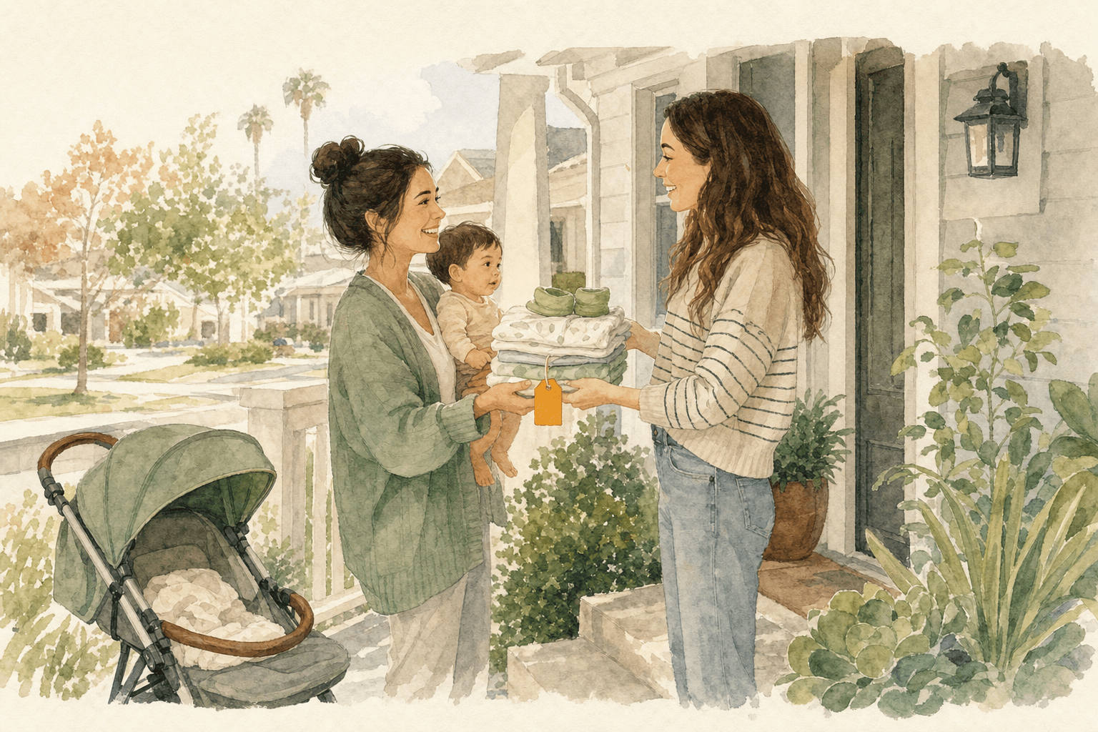 Watercolor illustration of parents passing along baby gear on a porch