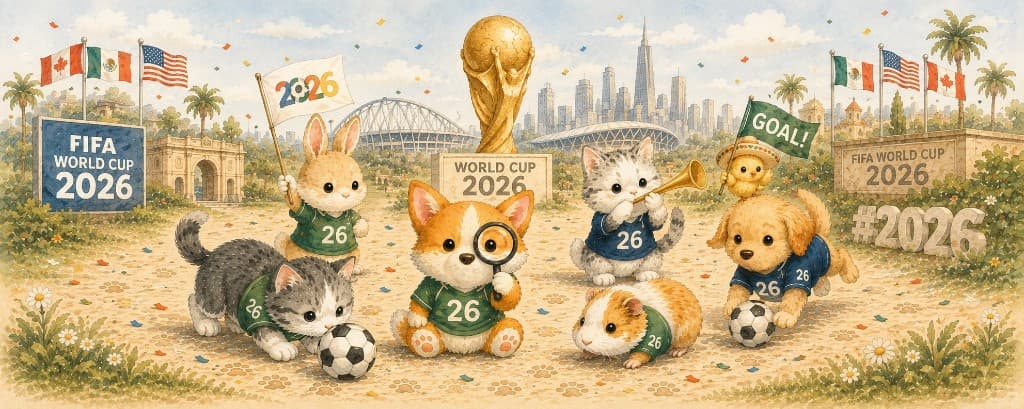 Watercolor illustration: Grogu the corgi with a magnifying glass at a festive FIFA World Cup 2026 scene with fan animals and Levi's Stadium — neighbor ISO art, not FIFA official branding