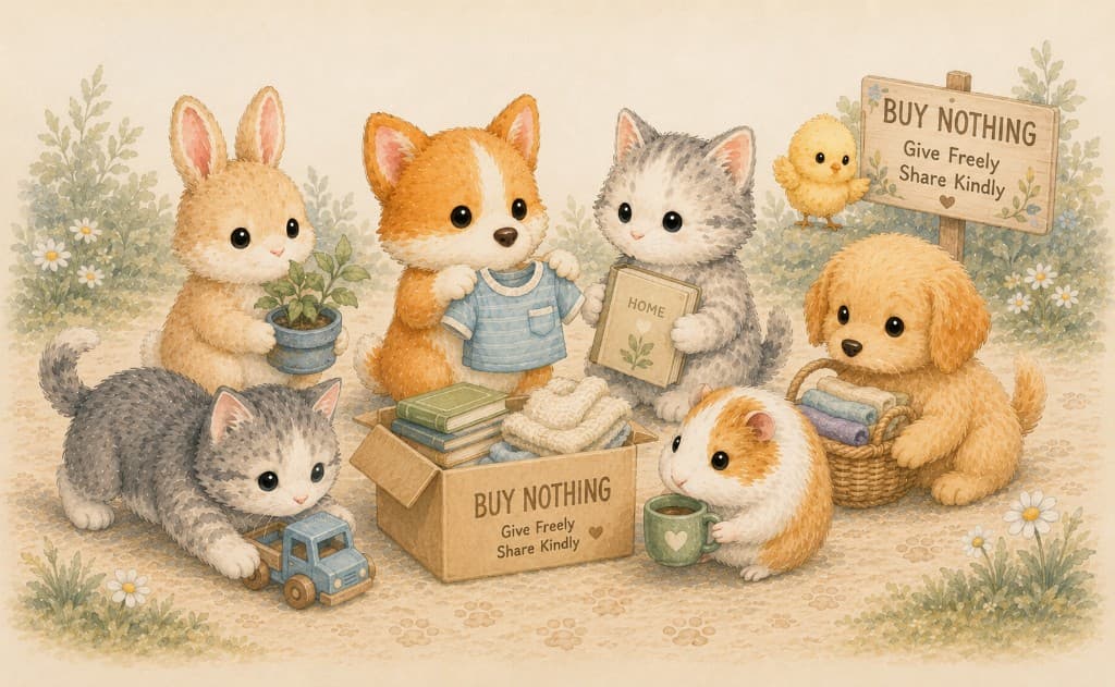 Watercolor illustration of puppies, kittens, and friends around a Buy Nothing box and sign — Give Freely, Share Kindly — passing along clothes, books, and household items.