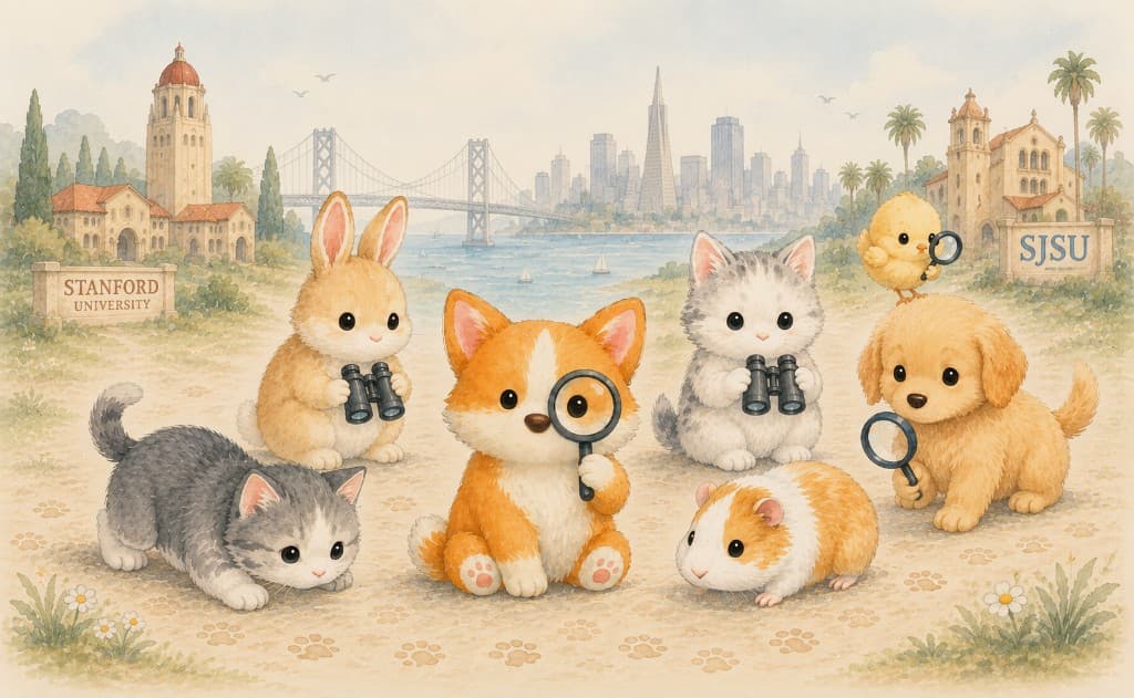 Watercolor illustration of puppies, kittens, and friends with magnifying glasses and binoculars, with San Francisco and Silicon Valley landmarks in the background—local ISO, LF, and WTB energy.