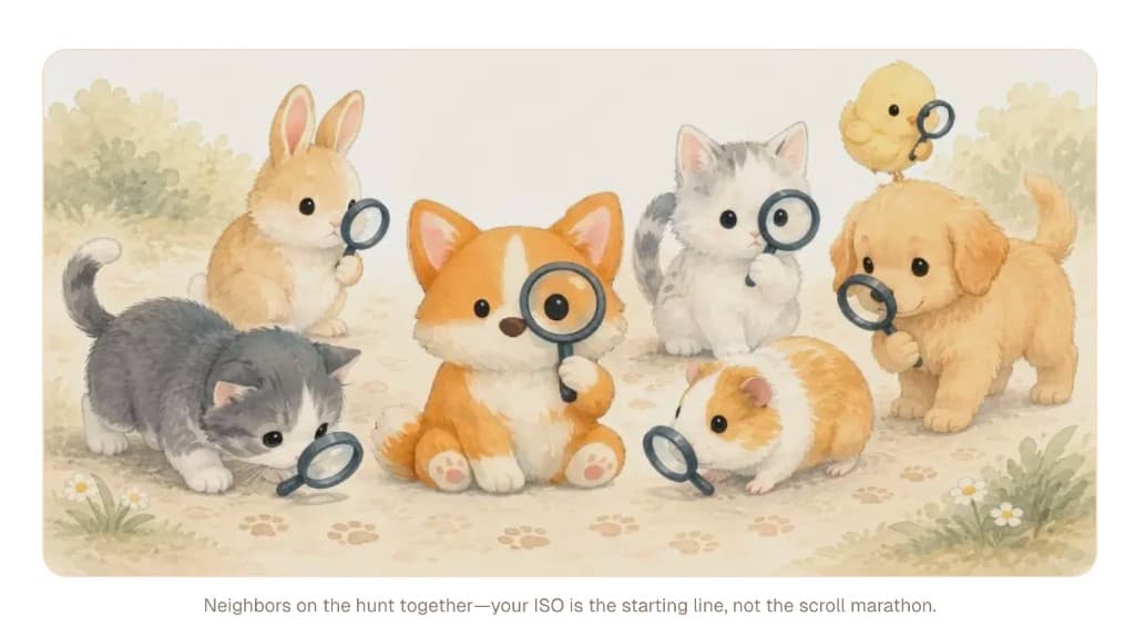 Watercolor illustration of puppies and kittens with magnifying glasses on a sunny path—neighbors searching together, in the spirit of ISO posts.