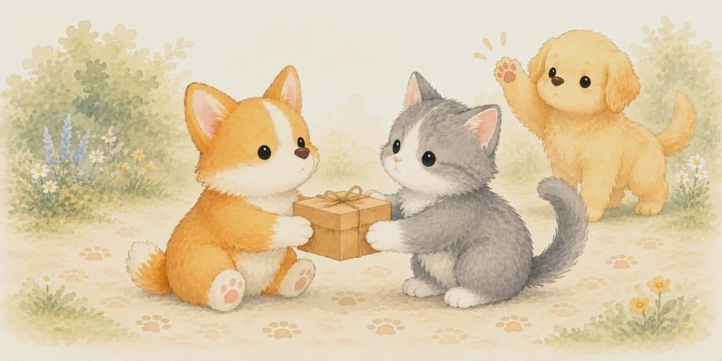 Watercolor illustration of a corgi and kitten gently sharing a small gift box on a path, with a golden retriever puppy waving—neighbor giving and handoffs.