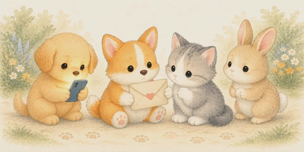 Watercolor illustration of puppies, a kitten, and a bunny on a path, one with a phone, one with a heart-sealed envelope, neighbors connecting about an ISO.