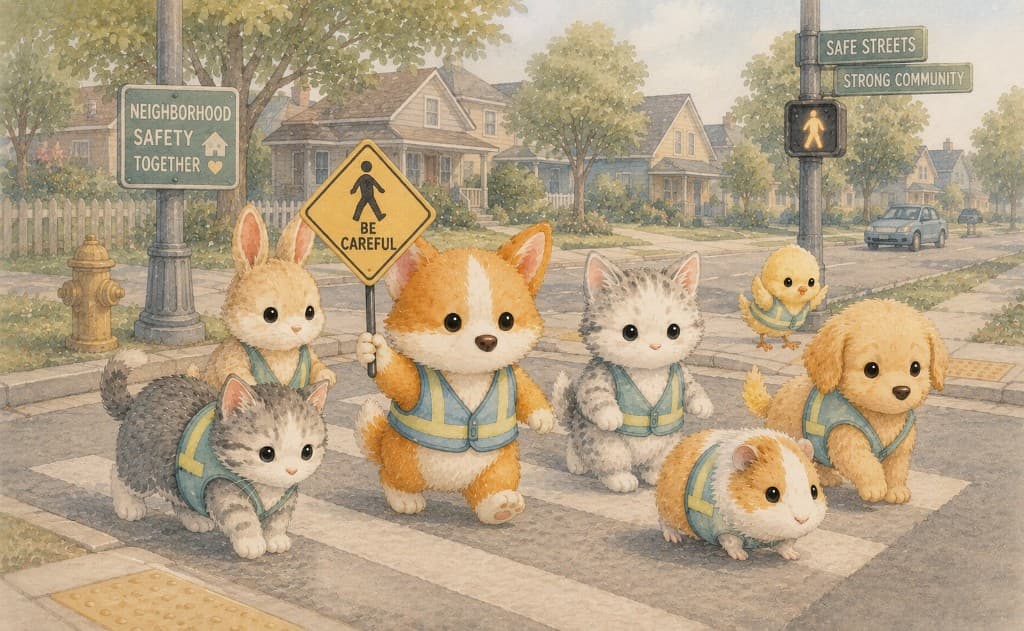 Watercolor illustration of puppies and kittens in safety vests crossing at a crosswalk in a friendly neighborhood — neighborhood safety together.